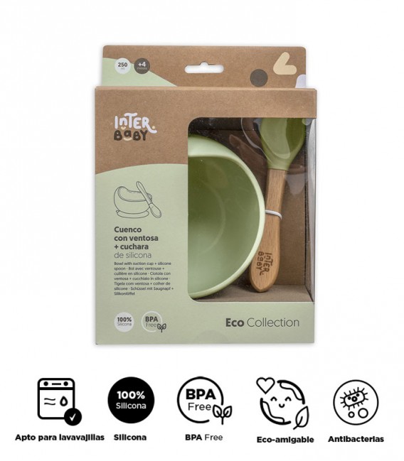 GOTEXTIL Cuenco con ventosa y cuchara de silicona Verde oliva INTERBABY Packaging