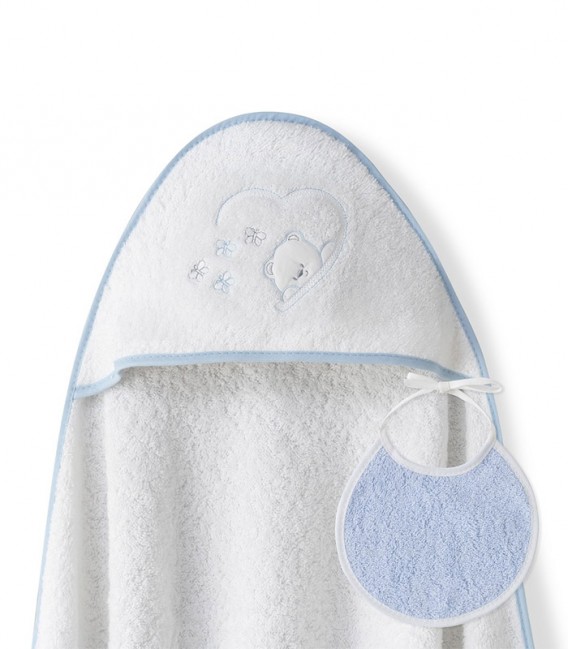 GOTEXTIL Capa de baño bebé OSO MARIPOSAS + Babero Azul. Interbaby