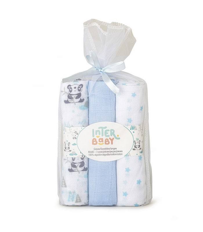 GOTEXTIL | INTERBABY Pack de 3 Gasas Panda 98972P 80x80 cm