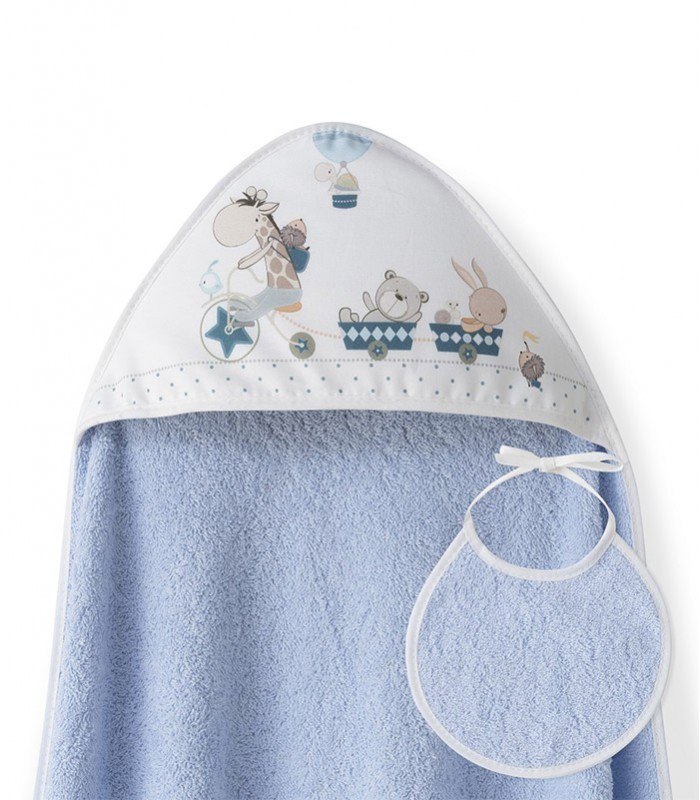 GOTEXTIL | Capa de baño bebé JIRAFA BICICLETA + Babero. Interbaby