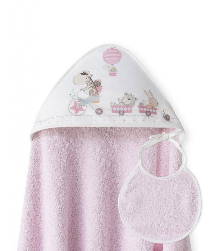 GOTEXTIL | Capa de baño bebé JIRAFA BICICLETA + Babero. Interbaby