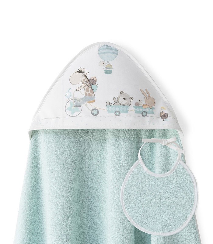 GOTEXTIL | Capa de baño bebé JIRAFA BICICLETA + Babero. Interbaby