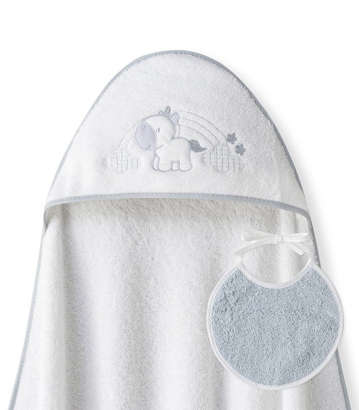 GOTEXTIL | Capa de baño bebé UNICORNIO NUBES + Babero. Interbaby