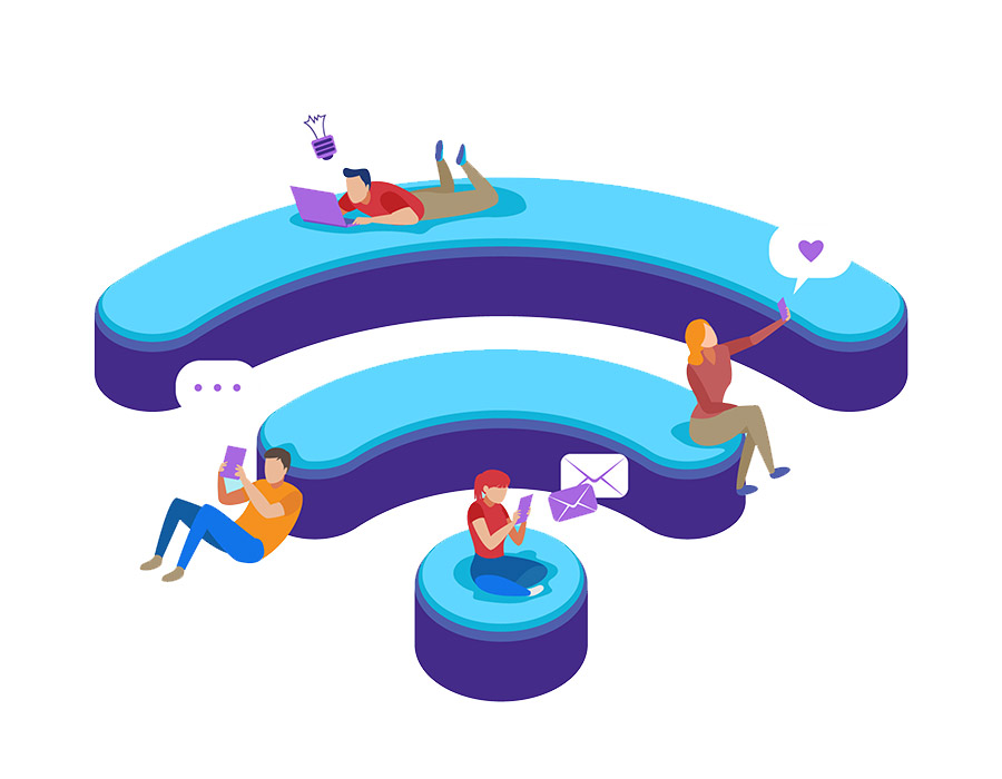 Dibujo digital red wifi con 4 personas conectadas desde su dispositivo móvil o electrónico