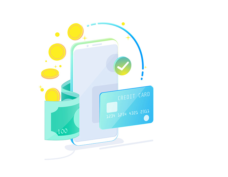 Dibujo digital de un movil rodeado de dinero y tarjeta de crédito para recordar que las transacciones sean siempre a través de plataformas seguras