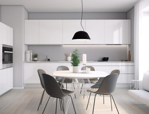 Paños de cocina para bordar. Cocina luminosa con muebles blancos, encimera de mármol blanco, mesa blanca y sillas grises combinadas con horno gris y lámpara negra